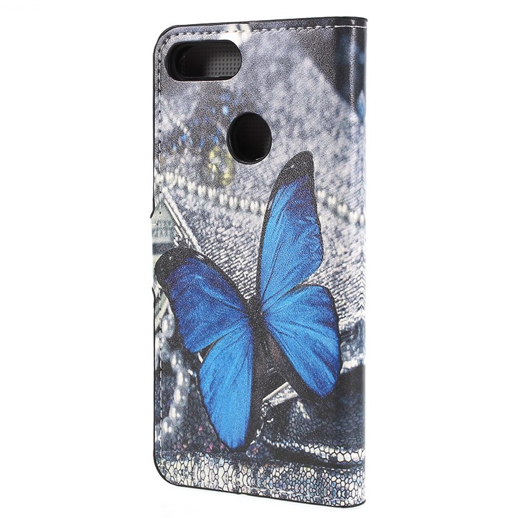 Pattern Printing Leather Wallet Stand Phone Shell for Huawei P Smart / Enjoy 7S - Blue Butterfly-3