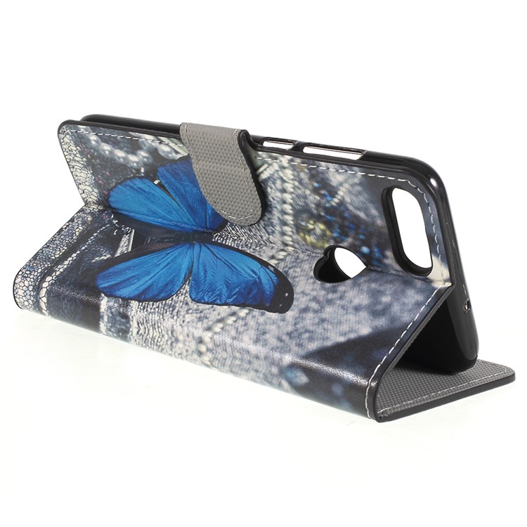 Pattern Printing Leather Wallet Stand Phone Shell for Huawei P Smart / Enjoy 7S - Blue Butterfly-5