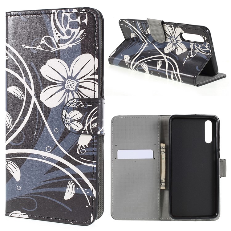 Pattern Printing PU Leather Wallet Stand Case for Huawei P20 - Elegant Flowers-1
