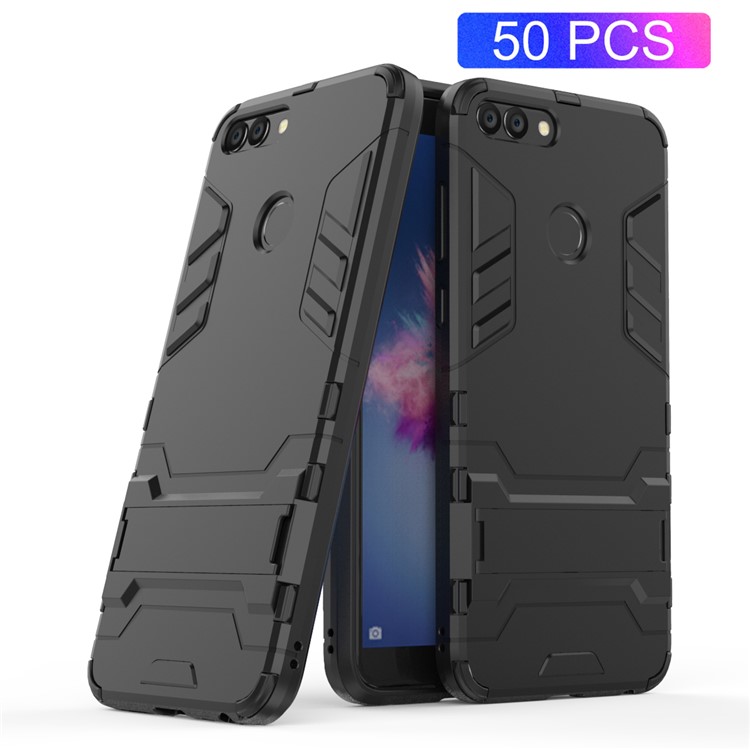 50Pcs/Set Cool Guard Plastic TPU Hybrid Case with Kickstand for Huawei P Smart / Enjoy 7S - Black-1
