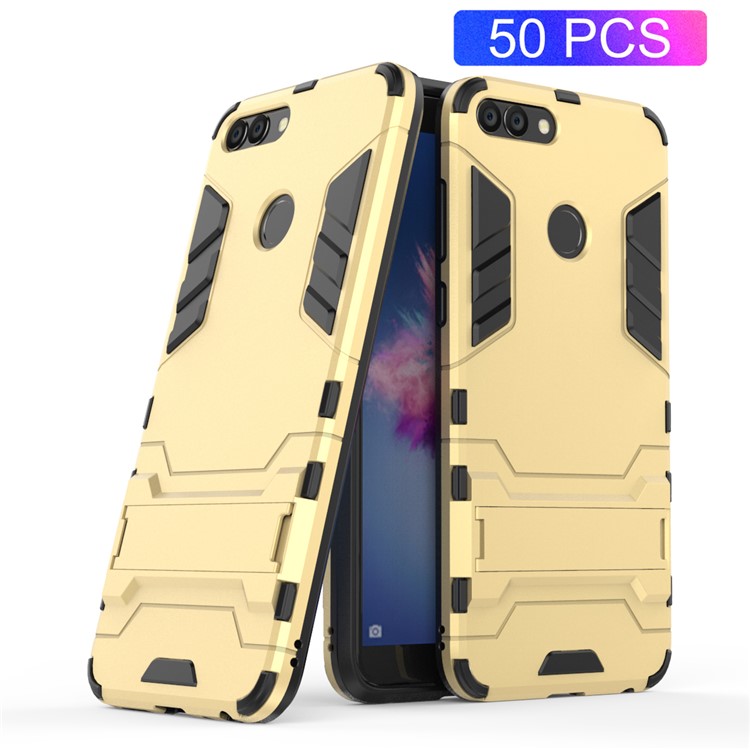 50Pcs/Set Cool Guard Plastic TPU Hybrid Cover with Kickstand for Huawei P Smart / Enjoy 7S - Gold-1