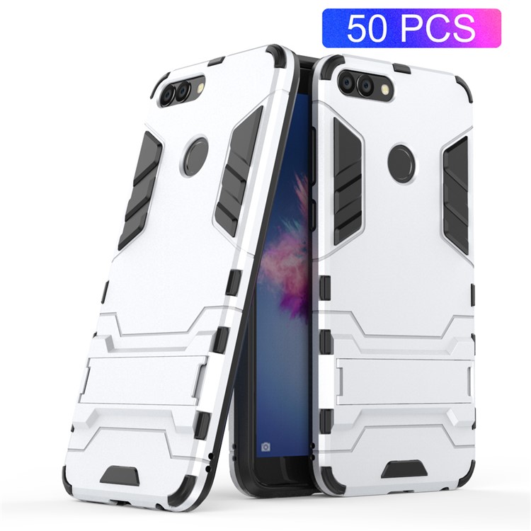50Pcs/Set Cool Guard Plastic TPU Mobile Case with Kickstand for Huawei P Smart / Enjoy 7S - Silver-1