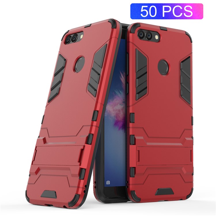 50Pcs/Set Cool Guard Plastic TPU Phone Cover Case with Kickstand for Huawei P Smart / Enjoy 7S - Red-1