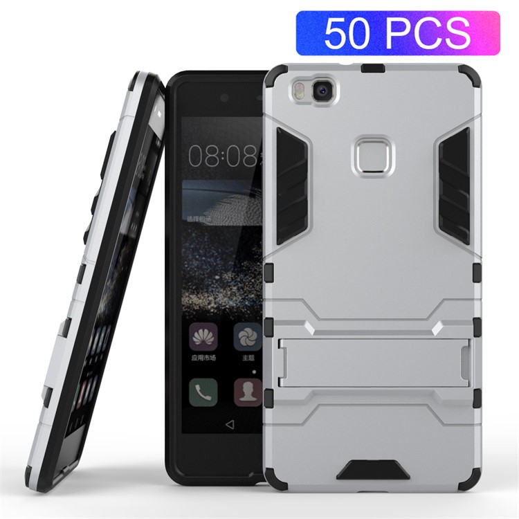 50Pcs/Set Cool Kickstand Plastic + TPU Hybrid Back Cover for Huawei P9 Lite - Silver-1