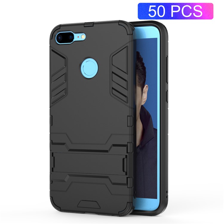 50Pcs/Set Cool Guard Plastic TPU Hybrid Mobile Phone Cover Shell with Kickstand for Huawei Honor 9 Lite / Youth Edition - Black-1