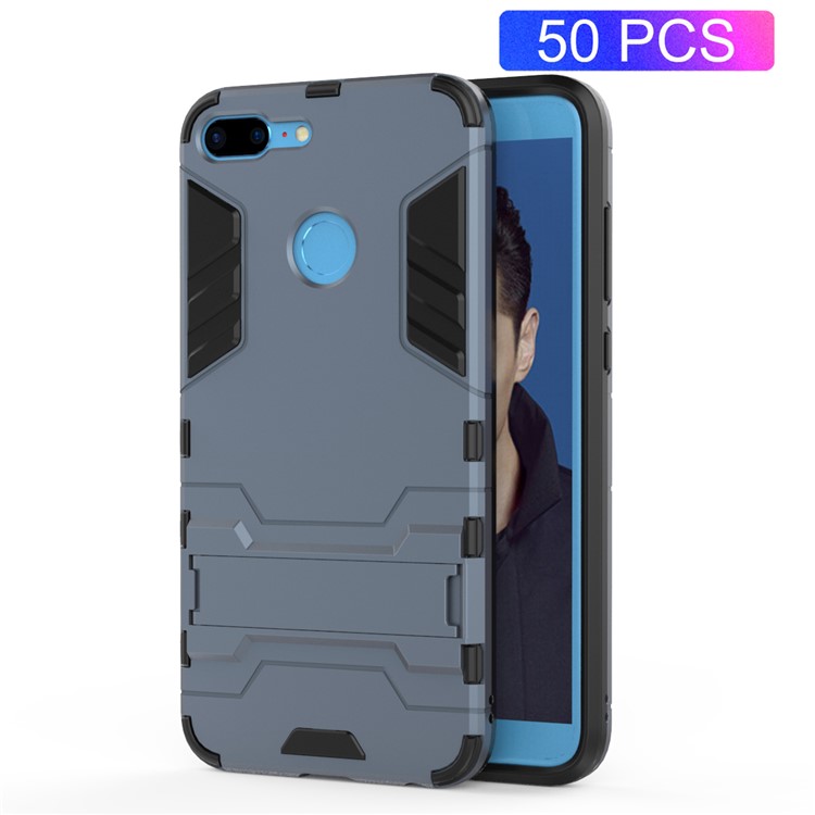 50Pcs/Set Cool Guard Plastic TPU Hybrid Mobile Case with Kickstand for Huawei Honor 9 Lite / Youth Edition - Dark Blue-1