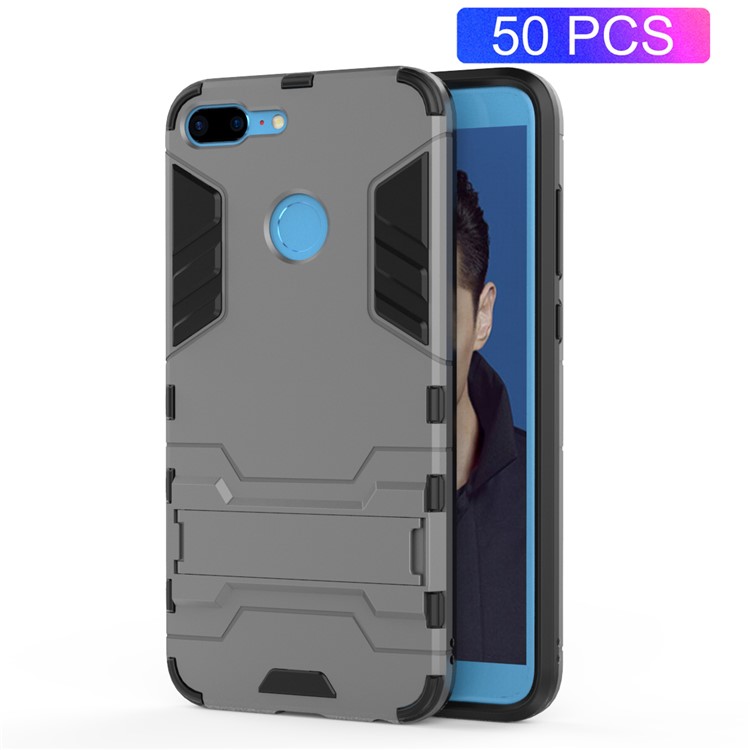 50Pcs/Set Cool Guard Plastic TPU Hybrid Cover with Kickstand for Huawei Honor 9 Lite / Youth Edition - Grey-1