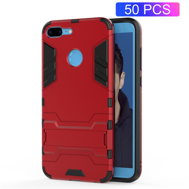 50Pcs/Set Cool Guard Plastic TPU Combo Cover with Kickstand for Huawei Honor 9 Lite / Youth Edition - Red-1