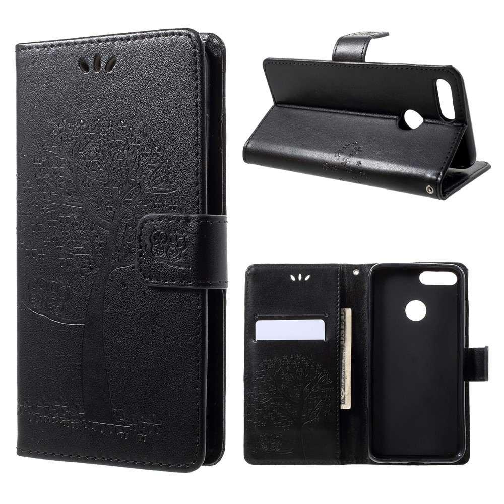 Imprint Tree Owl Pattern Wallet Stand Leather Cover for Huawei P Smart / Enjoy 7S - Black-1
