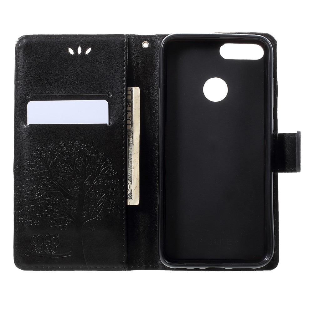 Imprint Tree Owl Pattern Wallet Stand Leather Cover for Huawei P Smart / Enjoy 7S - Black-5
