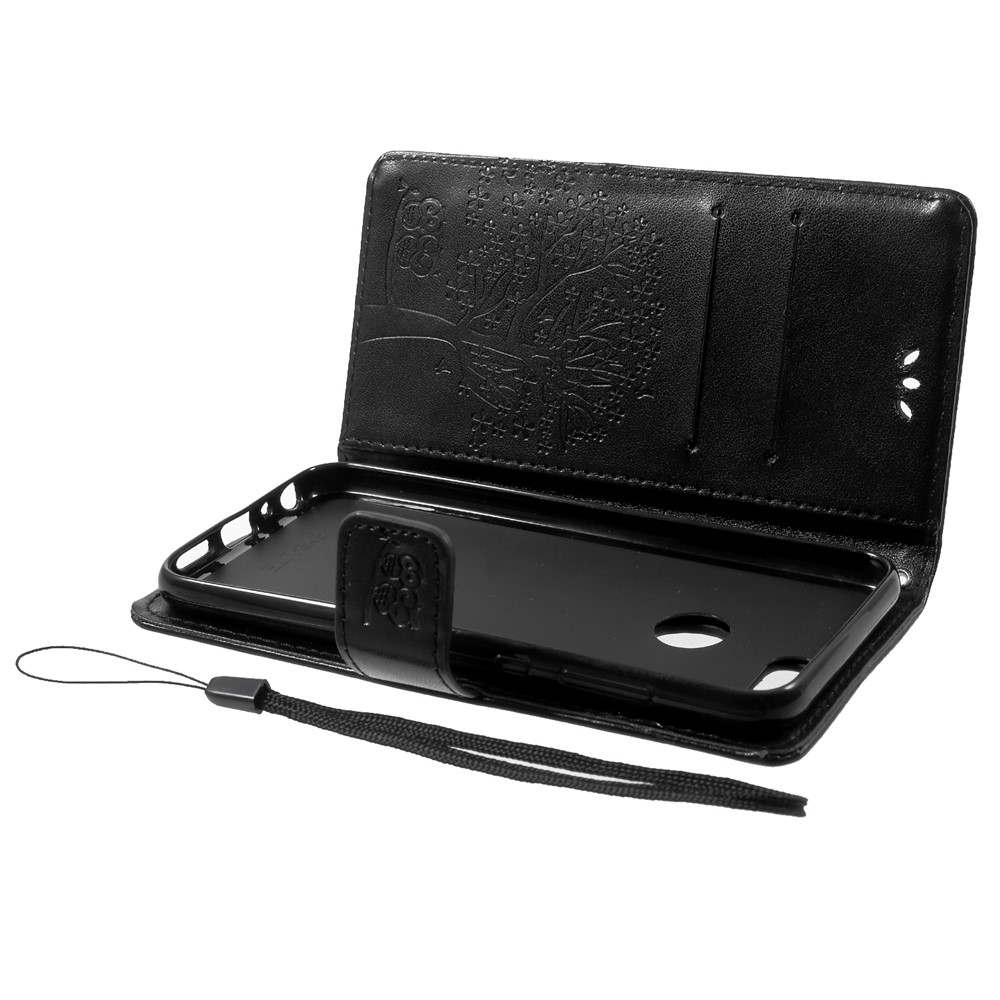 Imprint Tree Owl Pattern Wallet Stand Leather Cover for Huawei P Smart / Enjoy 7S - Black-6