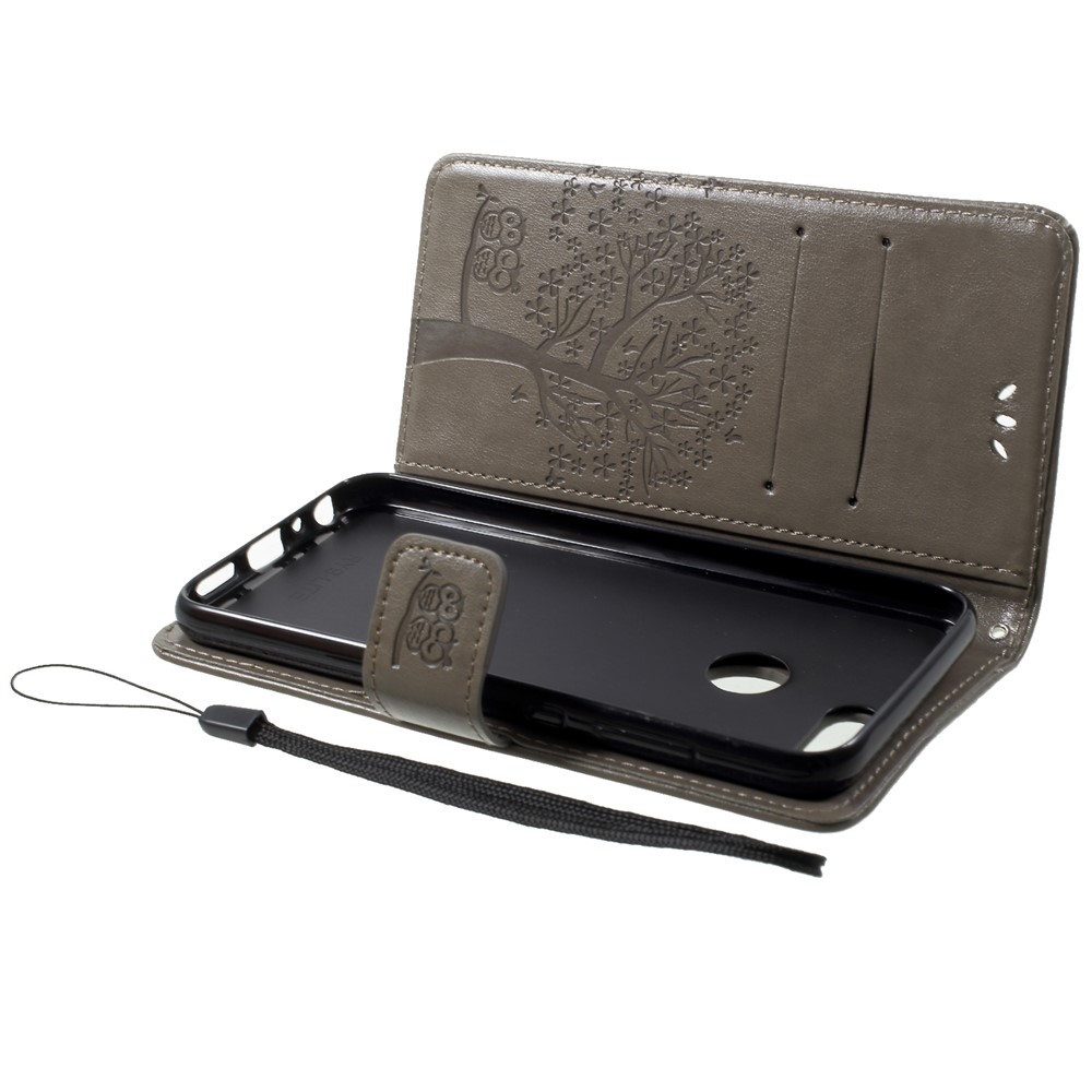Imprint Tree Owl Pattern Wallet Stand Leather Case for Huawei P Smart / Enjoy 7S - Grey-5