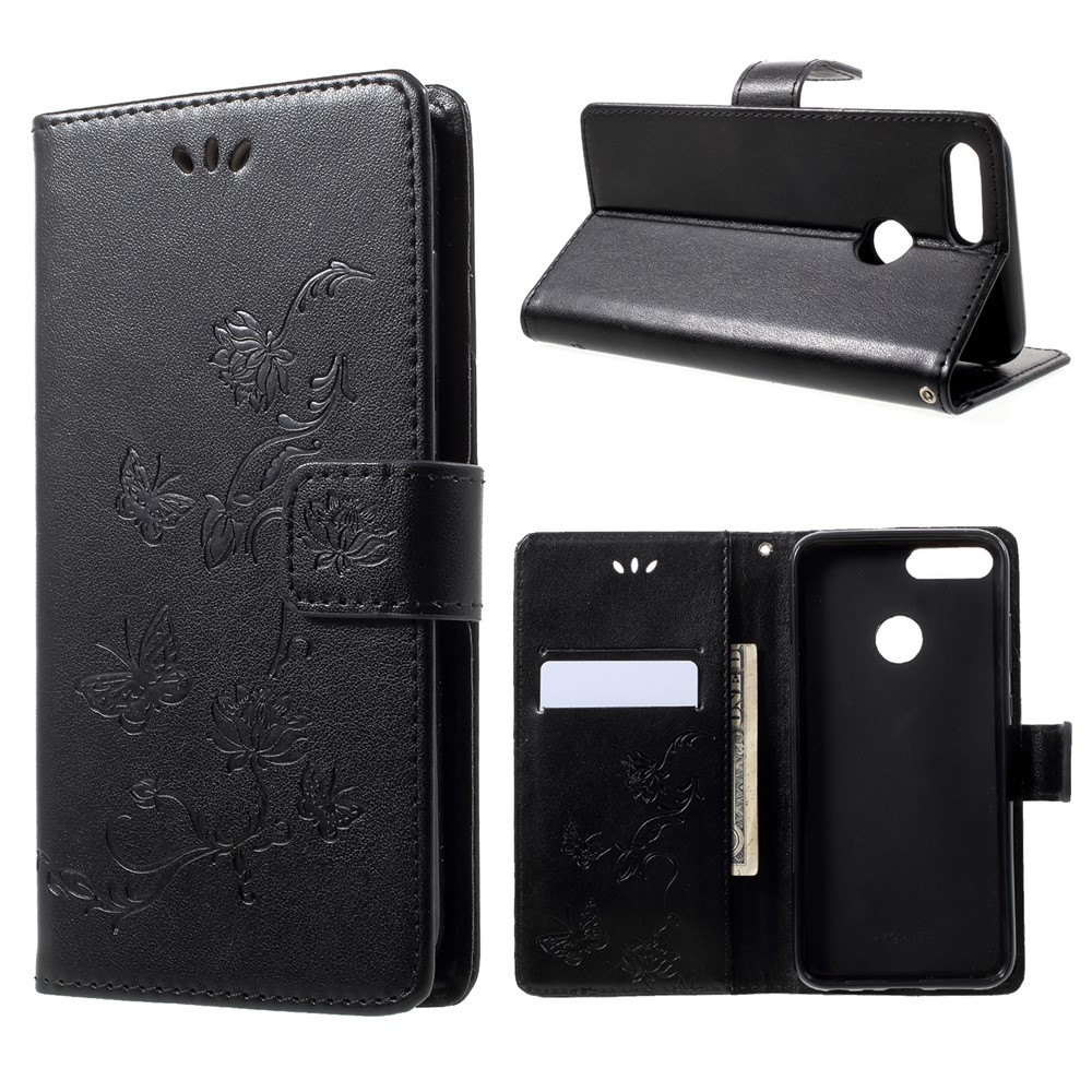 Imprint Butterfly Flower Wallet Stand Кожаный Чехол Для Huawei P Smart / Наслаждайтесь 7 с - Черный