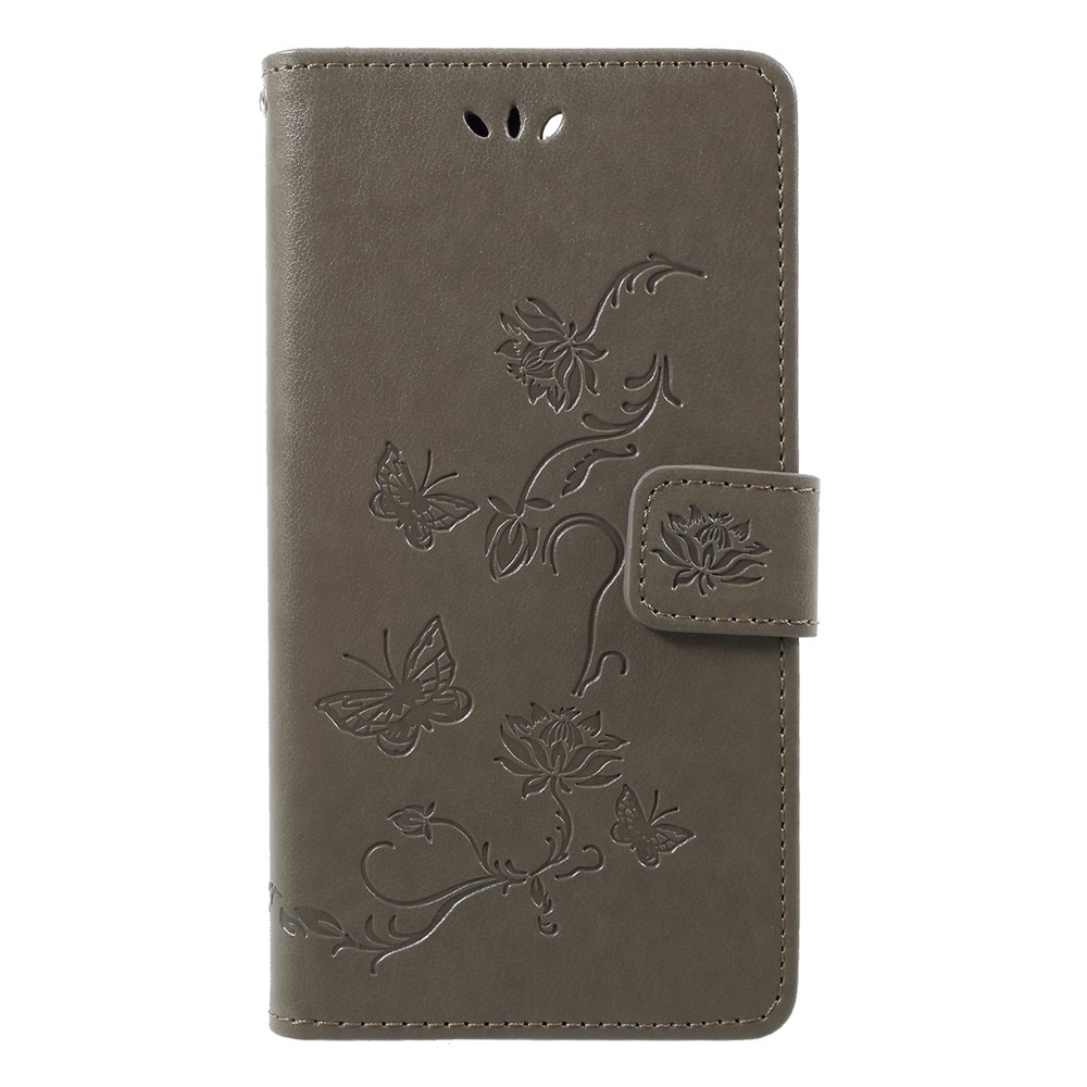Imprint Butterfly Flower Wallet Stand Leather Cover for Huawei P Smart / Enjoy 7S - Grey-1