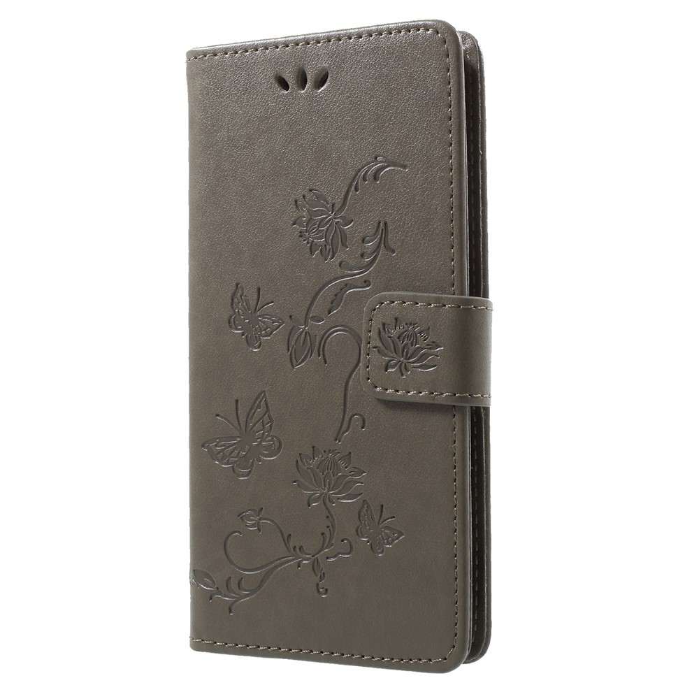 Imprint Butterfly Flower Wallet Stand Leather Cover for Huawei P Smart / Enjoy 7S - Grey-3