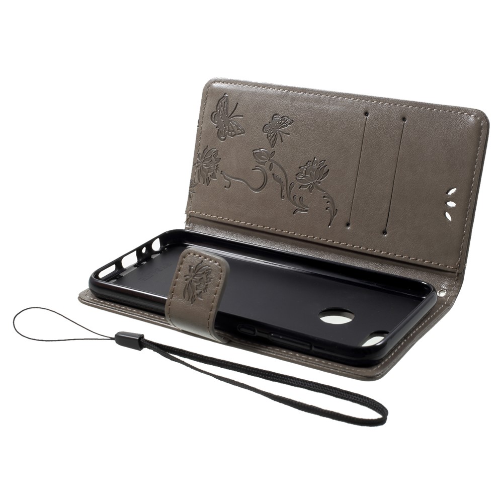 Imprint Butterfly Flower Wallet Stand Leather Cover for Huawei P Smart / Enjoy 7S - Grey-5