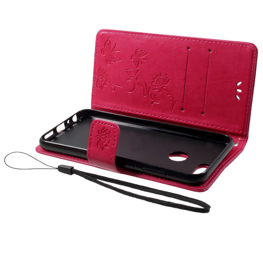 Imprint Butterfly Flower Wallet Stand Leather Shell for Huawei P Smart / Enjoy 7S - Rose-5