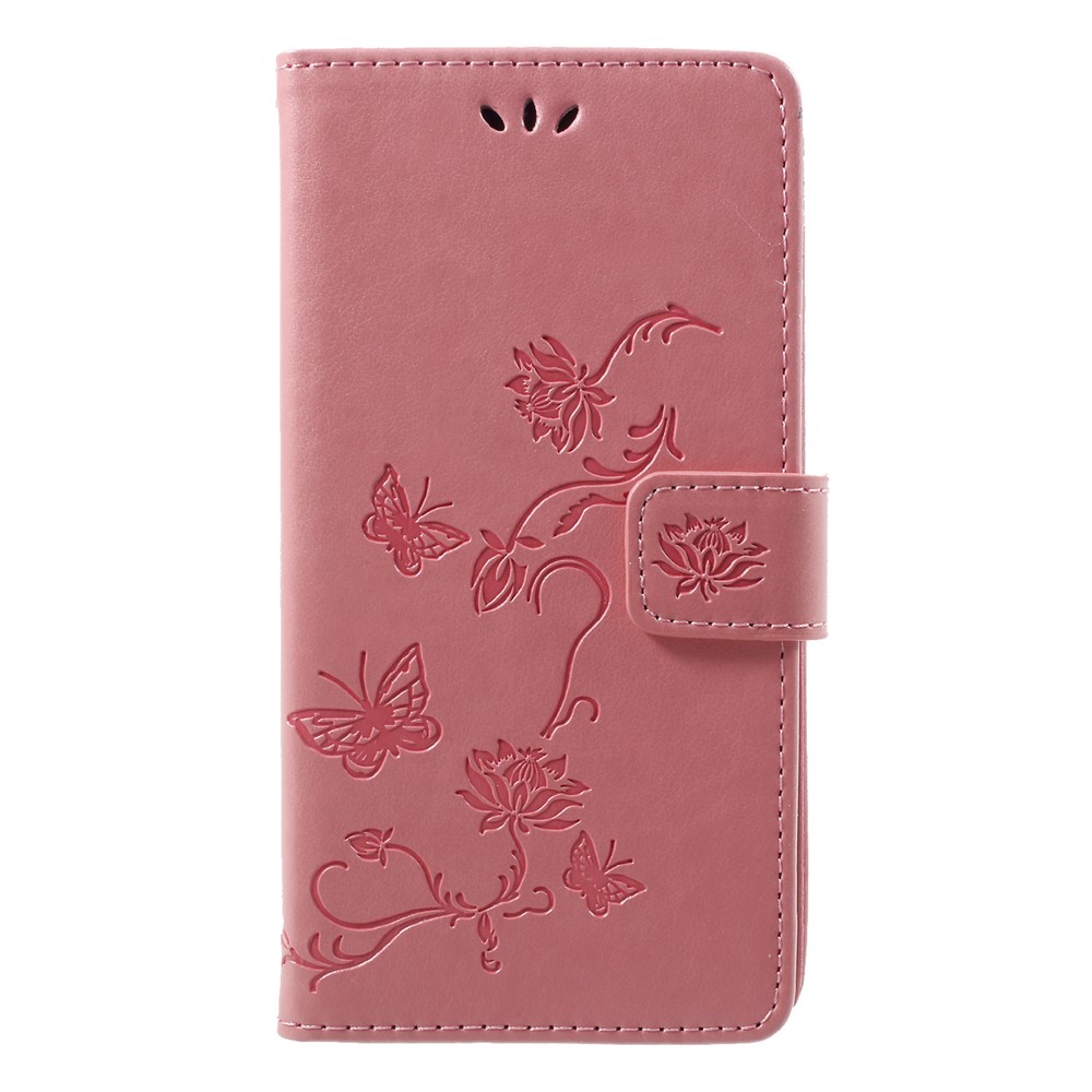 Imprint Butterfly Flower Wallet Stand Leather Phone Case for Huawei P Smart / Enjoy 7S - Pink-1