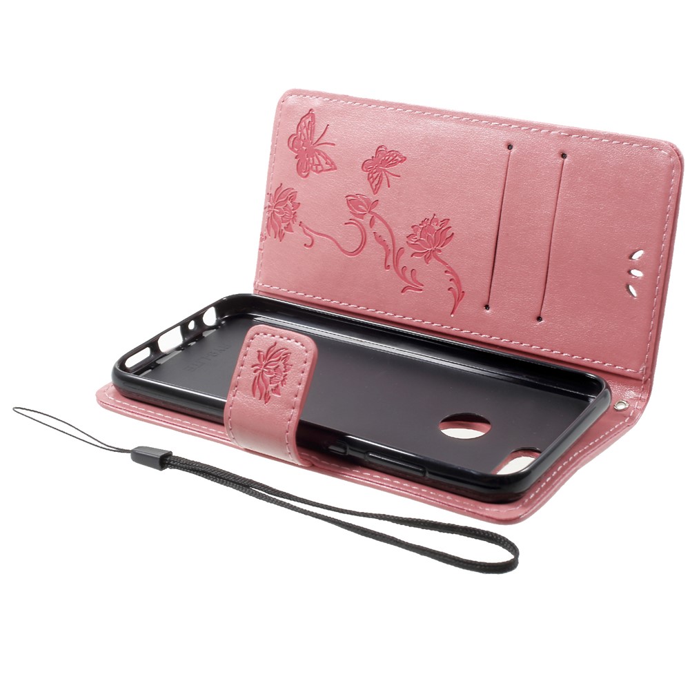 Imprint Butterfly Flower Wallet Stand Leather Phone Case for Huawei P Smart / Enjoy 7S - Pink-5