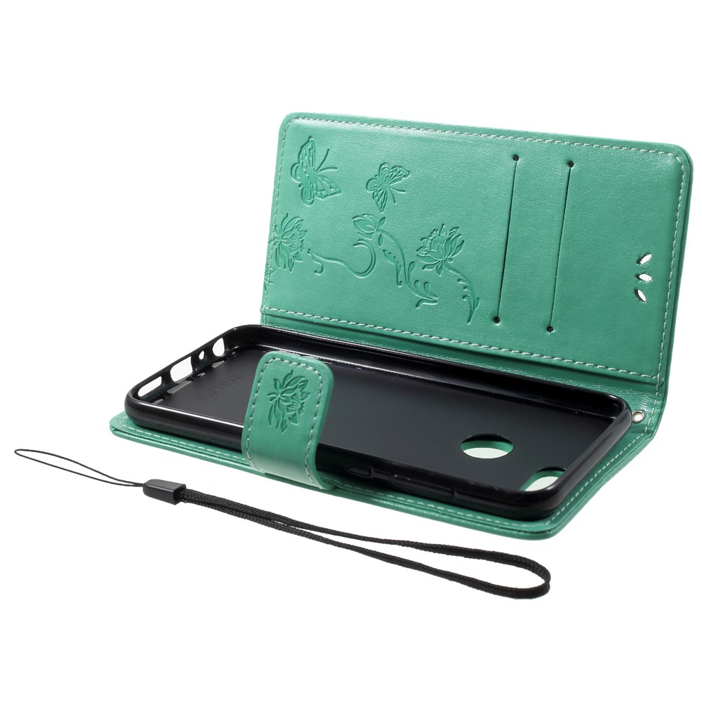 Impronta Butterfly Flower Wormet Stand in Pelle Custodia Mobile Per Huawei P Smart / Goditi 7s - Verde