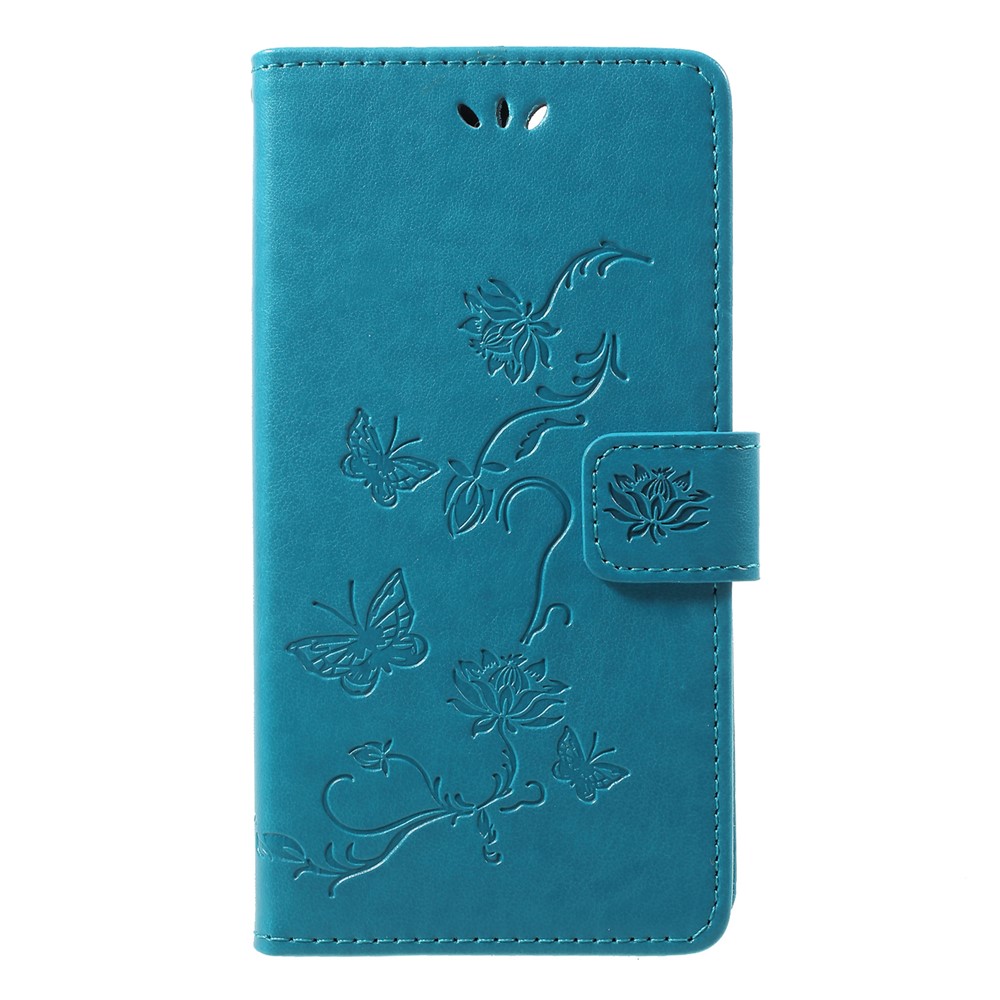 Imprint Butterfly Flower Wallet Stand Leather Phone Cover for Huawei P Smart / Enjoy 7S - Blue-1