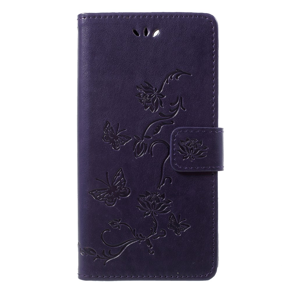 Imprint Butterfly Flower Wallet Stand Leather Case Accessory for Huawei P Smart / Enjoy 7S - Dark Purple-1