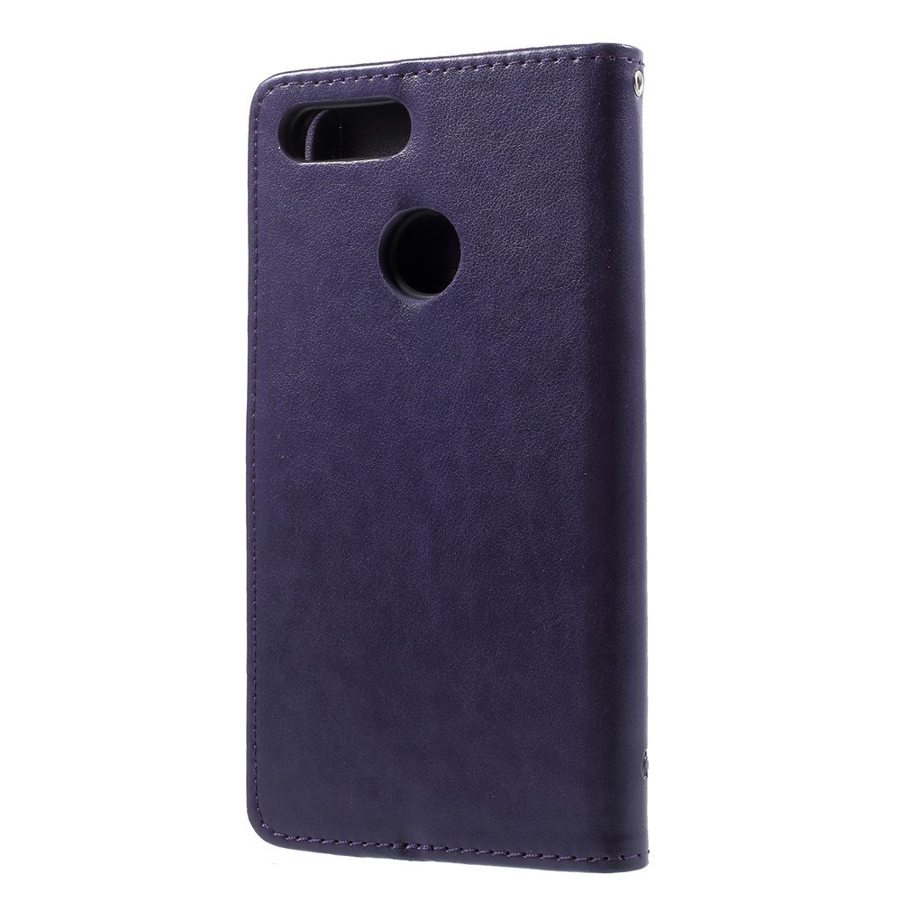 Imprint Butterfly Flower Wallet Stand Leather Case Accessory for Huawei P Smart / Enjoy 7S - Dark Purple-2
