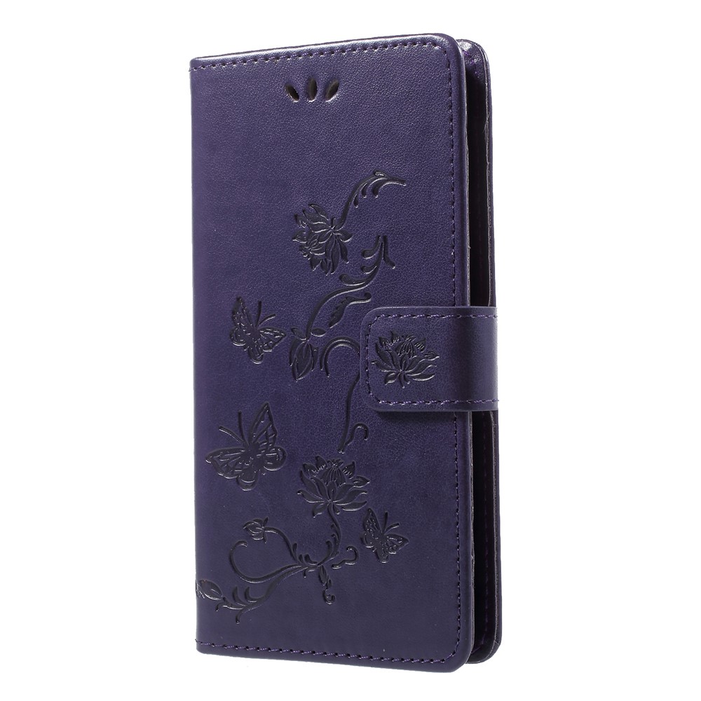 Imprint Butterfly Flower Wallet Stand Leather Case Accessory for Huawei P Smart / Enjoy 7S - Dark Purple-3
