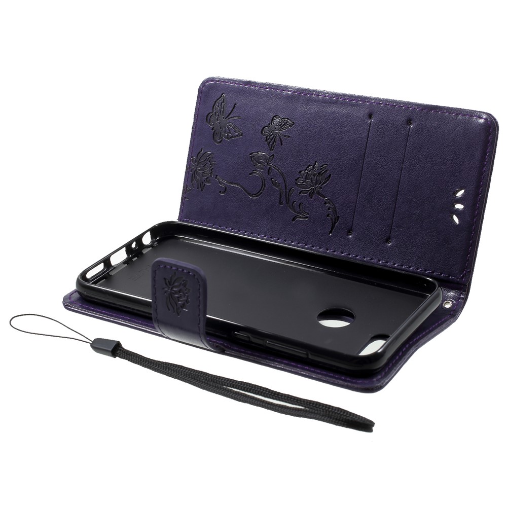 Imprint Butterfly Flower Wallet Stand Leather Case Accessory for Huawei P Smart / Enjoy 7S - Dark Purple-5