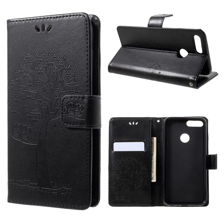 Imprint Tree Owl Pattern Wallet Leather Case for Huawei Honor 9 Lite / Honor 9 Youth Edition - Black-1