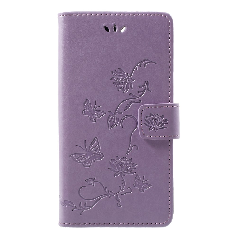 Impressão Flor Borboleta Titular Do Cartão De Telefone De Couro Caso Acessório Para Huawei Honor 9 Lite / Honra 9 Edição Juvenil - Luz Roxa-1