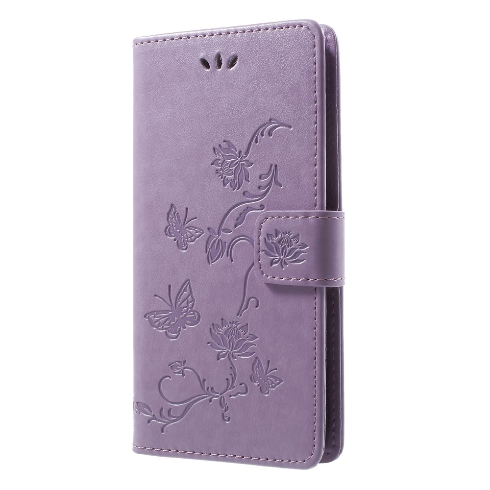 Impressão Flor Borboleta Titular Do Cartão De Telefone De Couro Caso Acessório Para Huawei Honor 9 Lite / Honra 9 Edição Juvenil - Luz Roxa-3