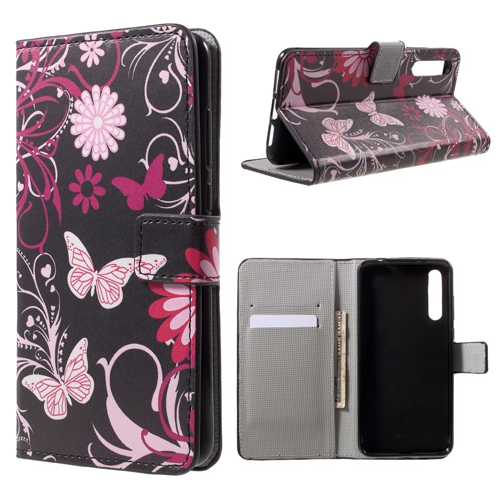 Pattern Printing Wallet Stand Leather Case for Huawei P20 - Butterfly and Flower-1
