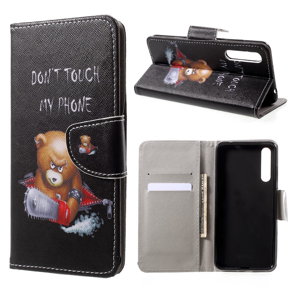 Pattern Printing Leather Wallet Case for Huawei P20 - Brown Bear and Warning Words-1