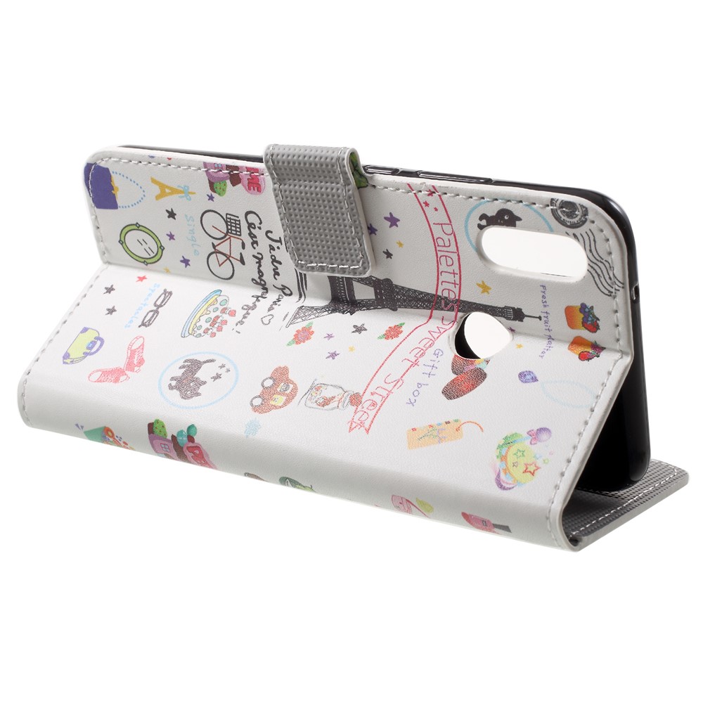 Pattern Printing Willet Stand Cover Phone de Cuero Para Huawei P20 Lite / Nova 3e - Paletas Dulces Calles