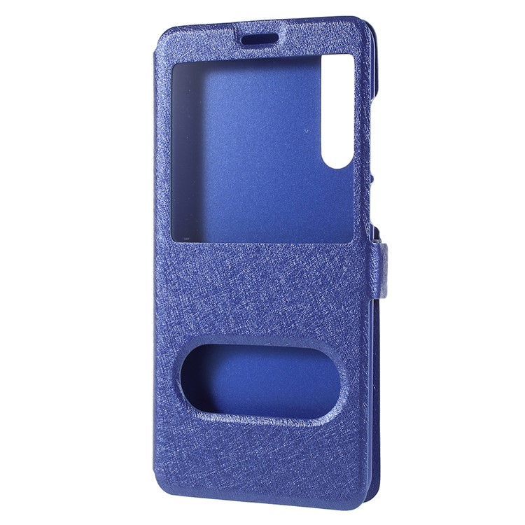 Para Huawei P20 Pro Textura De Seda Dual Window Leather Stand Case Acessório - Azul-2