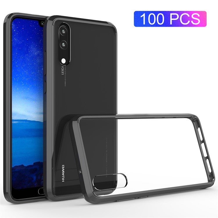 100PCS/Lot Crystal Clear Acrylic + TPU Hybrid Cover Case for Huawei P20 - Black-1