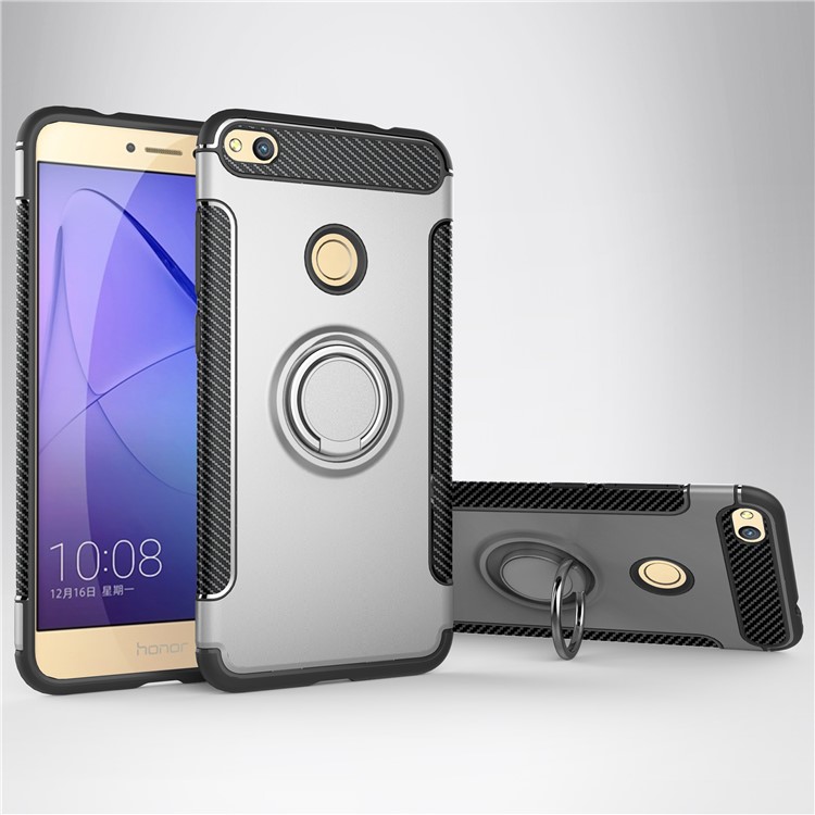 For Huawei P8 Lite (2017)/Honor 8 Lite Magnetic Ring Holder TPU PC Back Casing - Silver-1