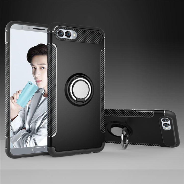 2-in-1 Carbon Fiber Texture TPU PC Hybrid Phone Casing with Magnetic Ring Holder for Huawei nova 2s - Black-1
