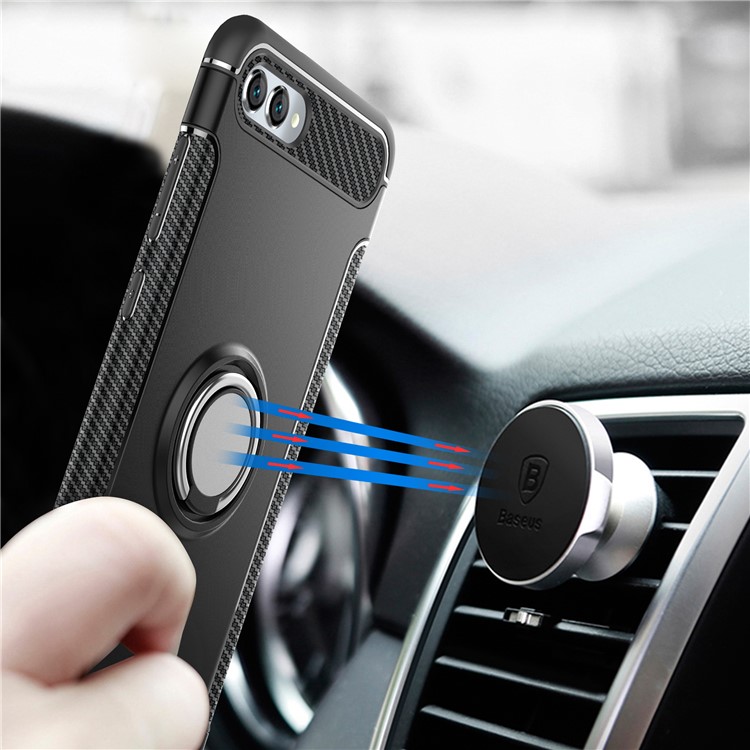 2-in-1 Carbon Fiber Texture TPU PC Hybrid Phone Casing with Magnetic Ring Holder for Huawei nova 2s - Black-2