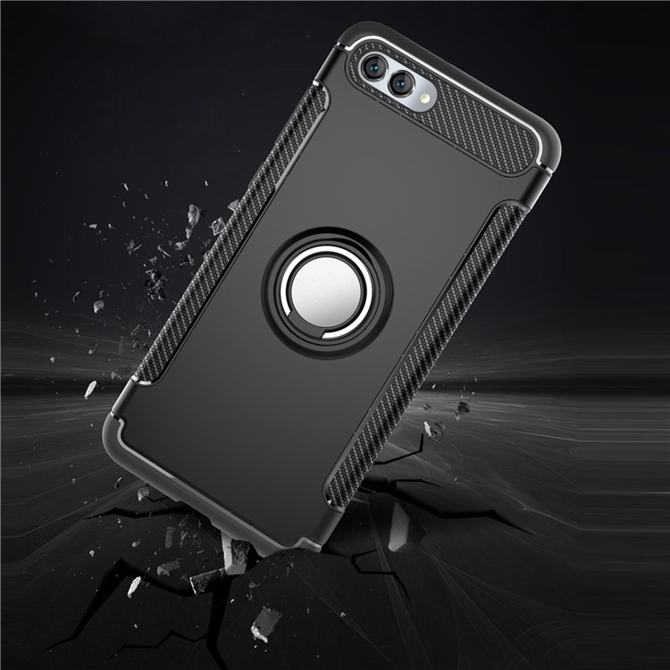 2-in-1 Carbon Fiber Texture TPU PC Hybrid Phone Casing with Magnetic Ring Holder for Huawei nova 2s - Black-3