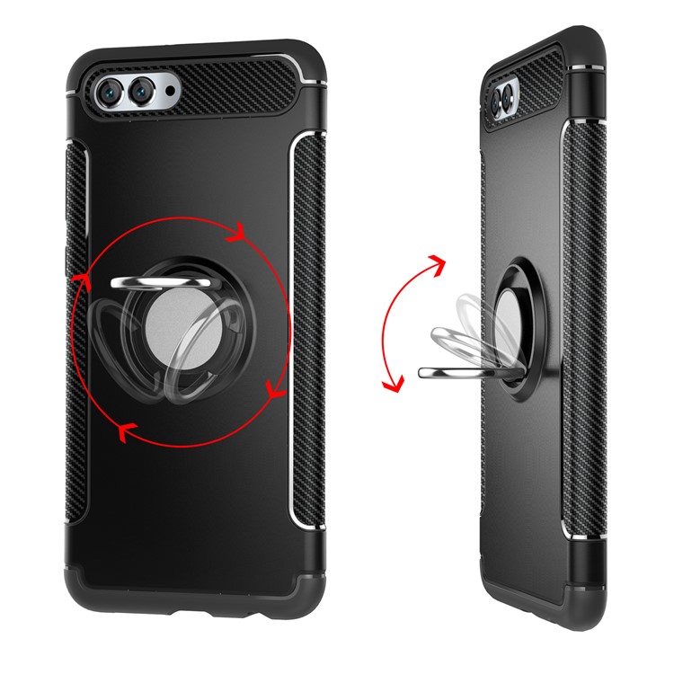 2-in-1 Carbon Fiber Texture TPU PC Hybrid Phone Casing with Magnetic Ring Holder for Huawei nova 2s - Black-4