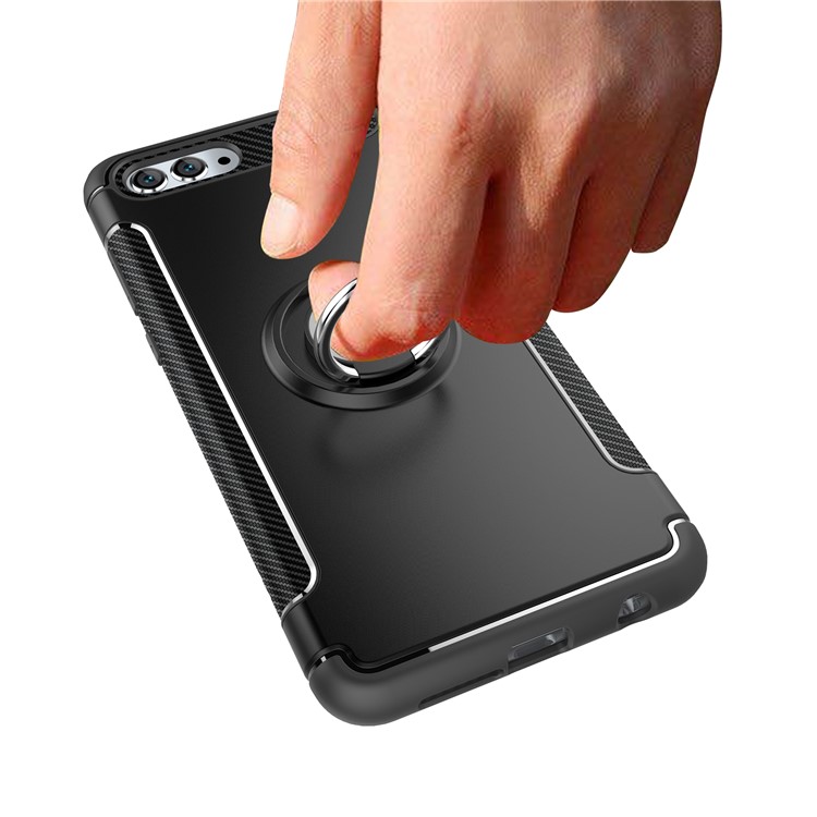 2-in-1 Carbon Fiber Texture TPU PC Hybrid Phone Casing with Magnetic Ring Holder for Huawei nova 2s - Black-5