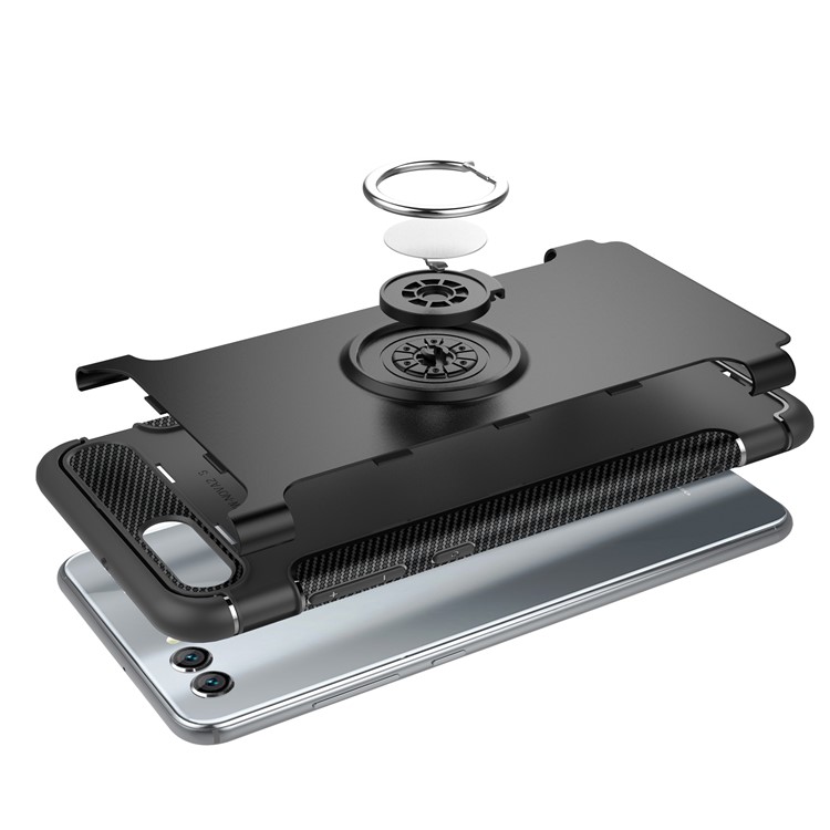 2-in-1 Carbon Fiber Texture TPU PC Hybrid Phone Casing with Magnetic Ring Holder for Huawei nova 2s - Black-7