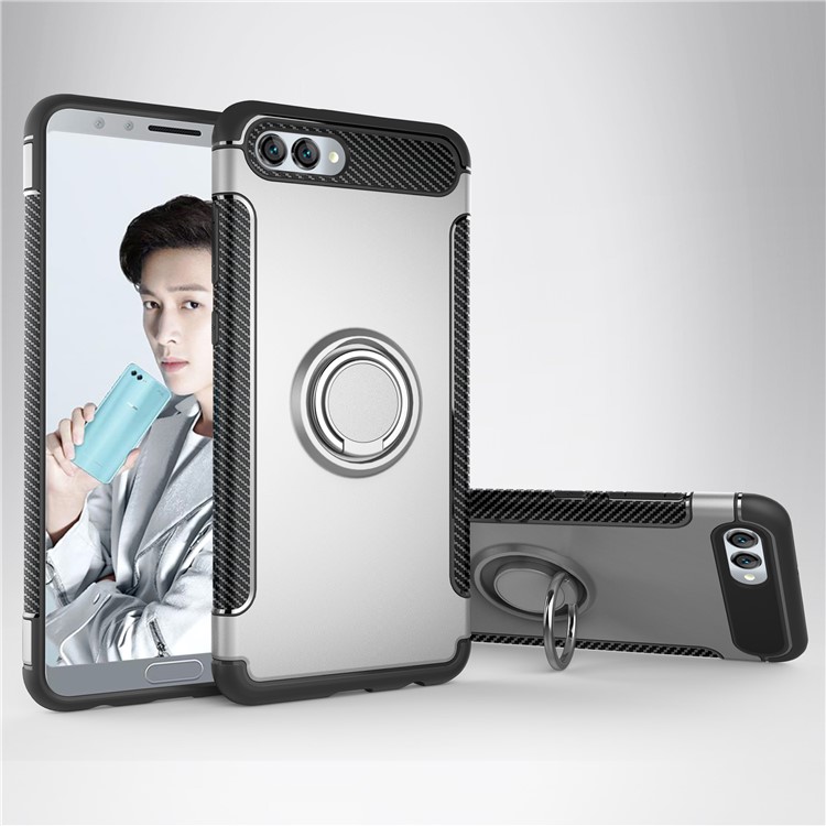 2-in-1 Carbon Fiber Grain TPU+PC Combo Casing with Magnetic Ring Holder for Huawei nova 2s - Silver-1