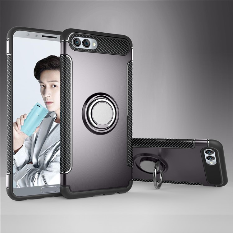 2-in-1 Carbon Fiber Texture TPU PC Hybrid Phone Case with Magnetic Ring Holder for Huawei nova 2s - Grey-1