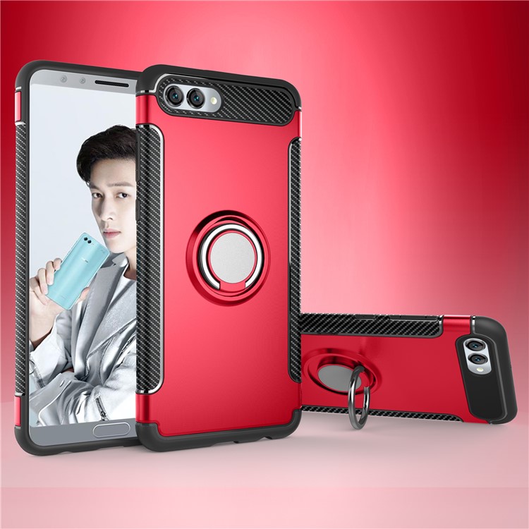 2-in-1 Carbon Fiber Texture TPU PC Hybrid Mobile Cover with Magnetic Ring Holder for Huawei nova 2s - Red-1