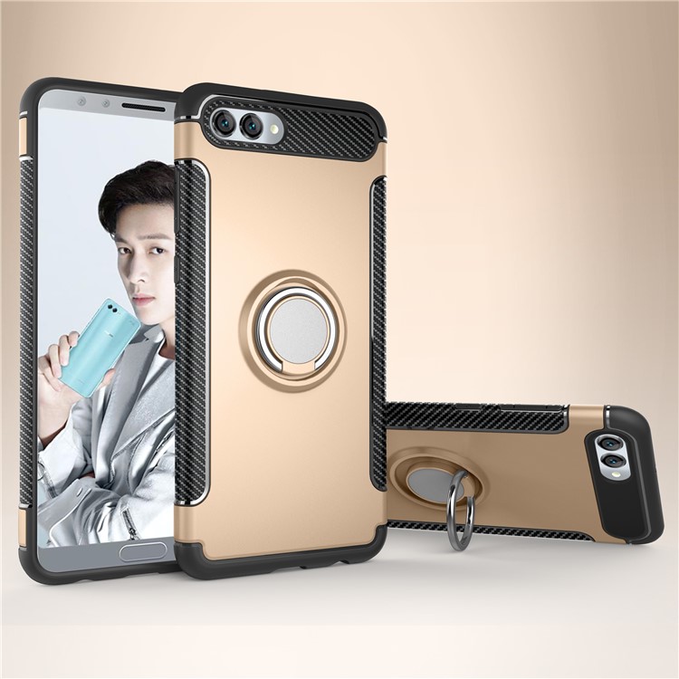 2-in-1 Carbon Fiber Texture TPU PC Hybrid Back Casing with Magnetic Ring Holder for Huawei nova 2s - Gold-1