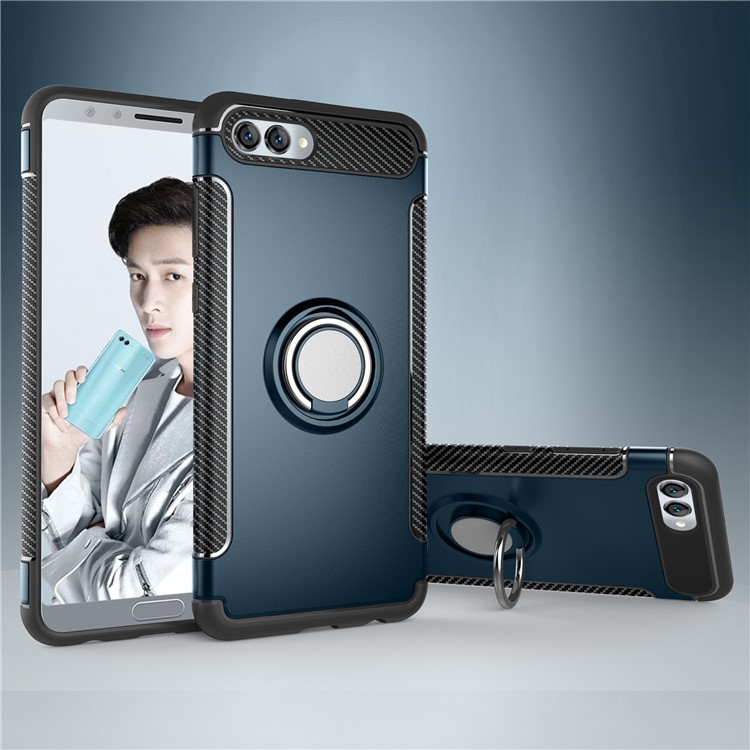 For Huawei nova 2s 2-in-1 Carbon Fiber Texture TPU PC Hybrid Phone Accessory Case with Magnetic Ring Holder - Baby Blue-1