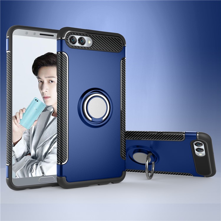 2-in-1 Carbon Fiber Texture TPU PC Hybrid Cellphone Shell with Magnetic Ring Holder for Huawei nova 2s - Dark Blue-1